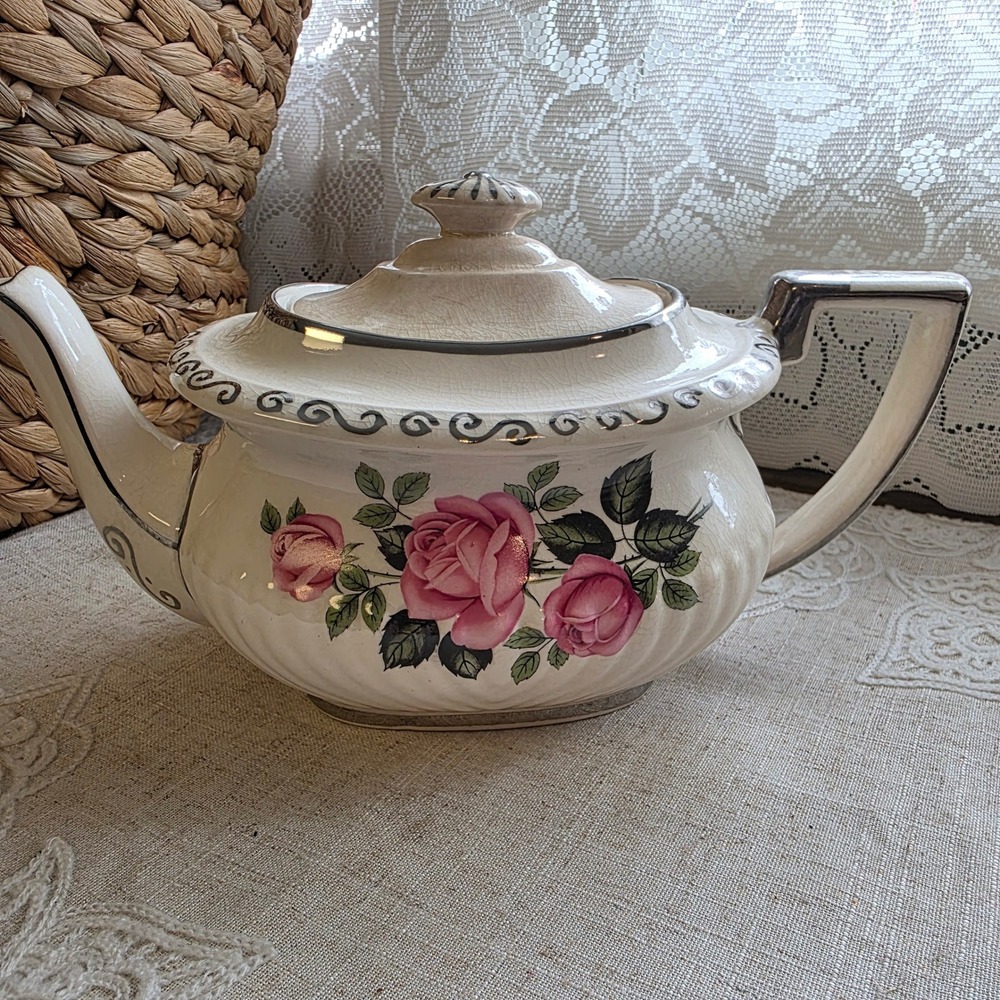 Georgian Gibsons‎ England Teapot Large Pink Roses Cream Silver Trim Vintage